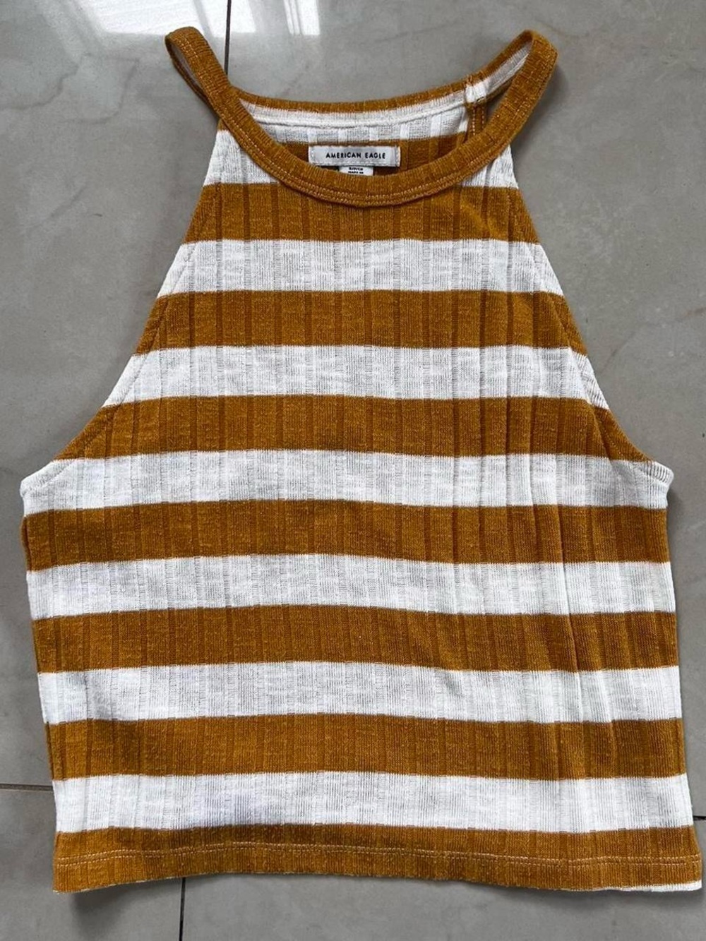 American Eagle Mustard and White Ribbed Stripe Halter Tank Size M | Used Good